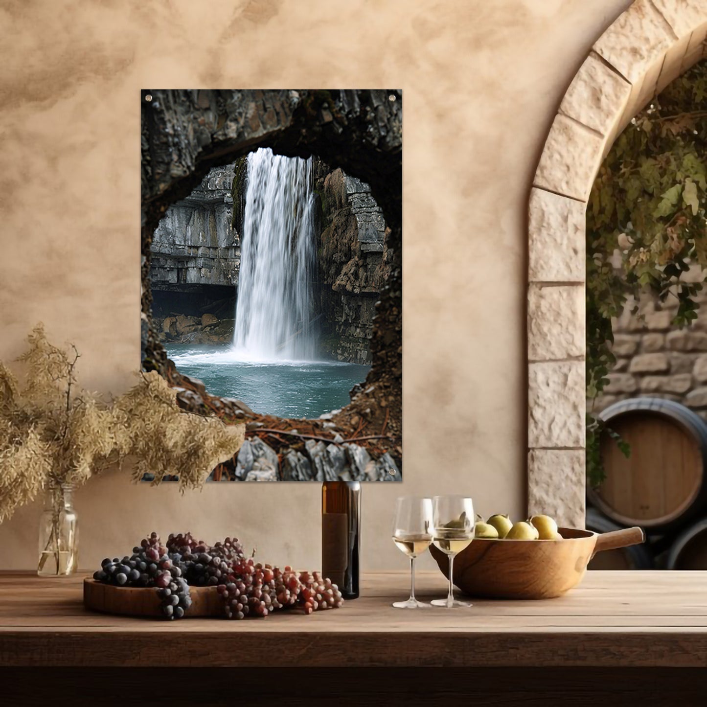 Waterval door Stenen Raam in Natuur tuinposter