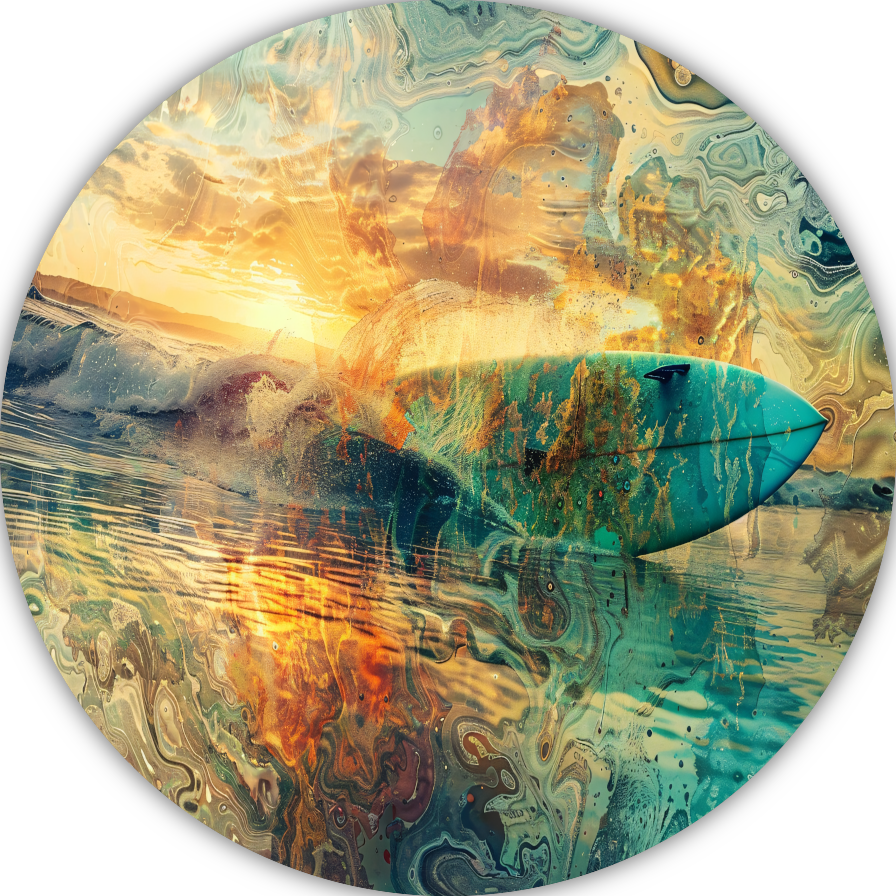 Abstracte Zonsondergang en Surfplank in Zee aluminium muurcirkel