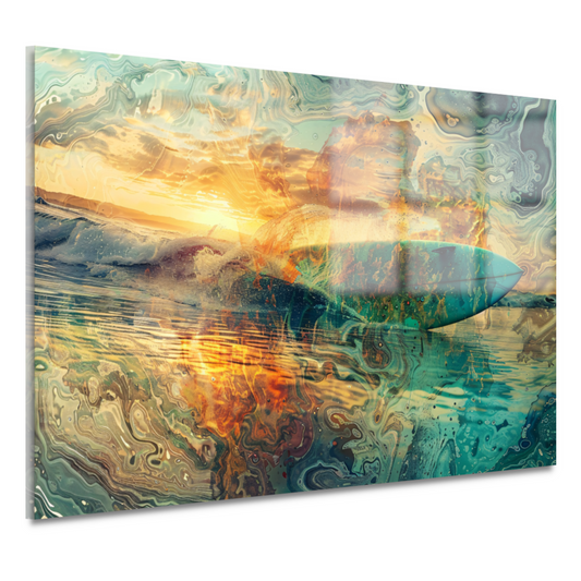 Abstracte Zonsondergang en Surfplank in Zee acrylglas