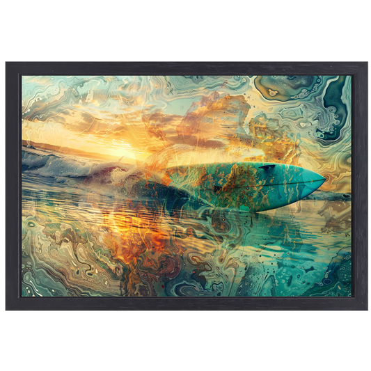 Abstracte Zonsondergang en Surfplank in Zee canvas met baklijst