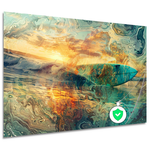 Abstracte Zonsondergang en Surfplank in Zee poster