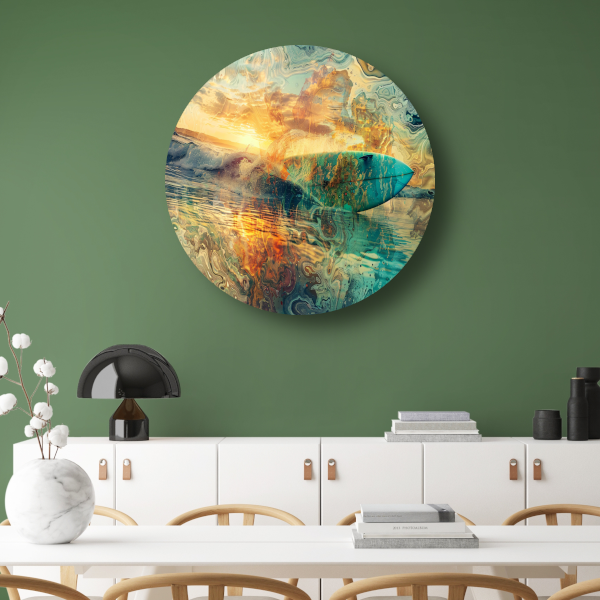 Abstracte Zonsondergang en Surfplank in Zee forex muurcirkel