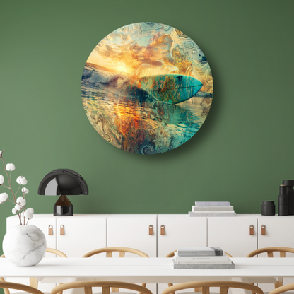 Abstracte Zonsondergang en Surfplank in Zee forex muurcirkel