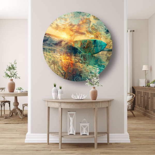 Abstracte Zonsondergang en Surfplank in Zee forex muurcirkel