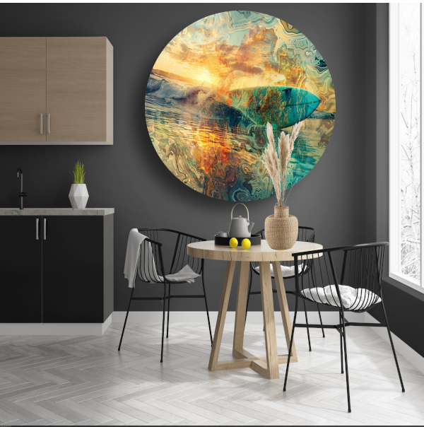 Abstracte Zonsondergang en Surfplank in Zee forex muurcirkel
