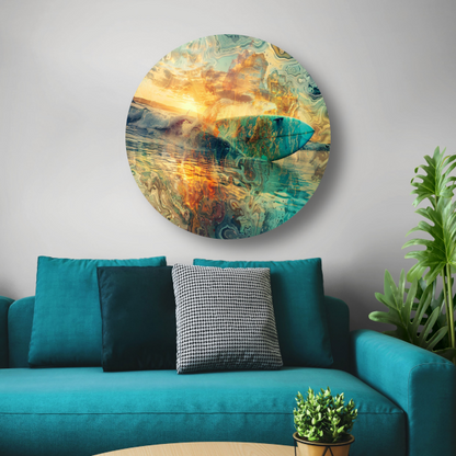 Abstracte Zonsondergang en Surfplank in Zee forex muurcirkel