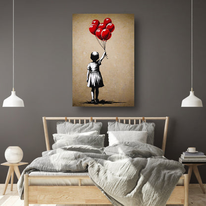 Silhouet meisje met glanzende rode ballonnen canvas