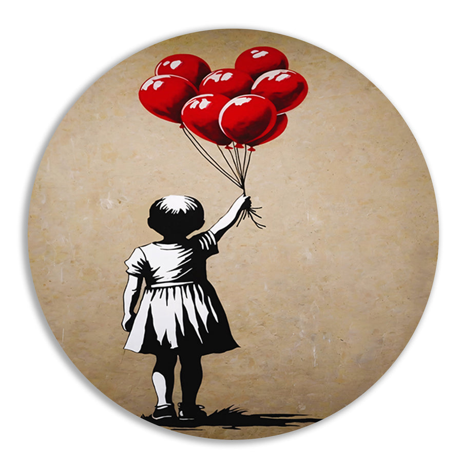Silhouet meisje met glanzende rode ballonnen forex muurcirkel