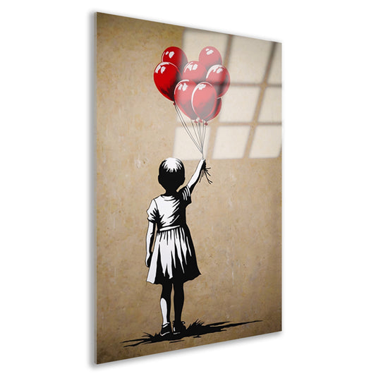 Silhouet meisje met glanzende rode ballonnen acrylglas