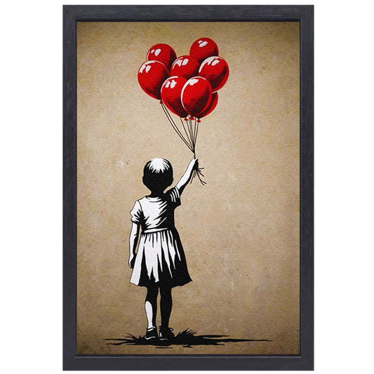 Silhouet meisje met glanzende rode ballonnen canvas met baklijst