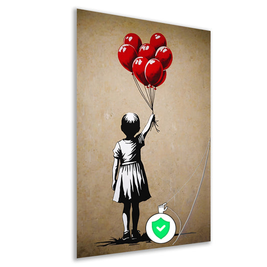 Silhouet meisje met glanzende rode ballonnen poster