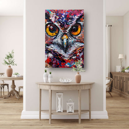 Abstracte, kleurrijke uil met dynamische verfexplosies poster