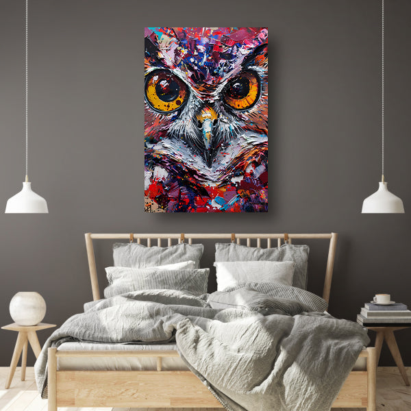 Abstracte, kleurrijke uil met dynamische verfexplosies poster