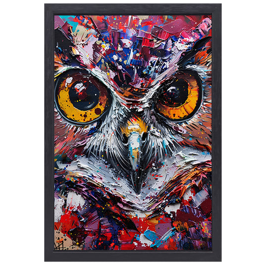 Abstracte, kleurrijke uil met dynamische verfexplosies canvas met baklijst