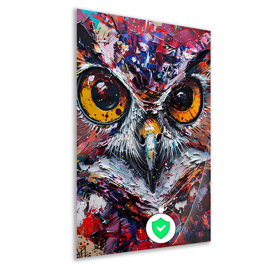 Abstracte, kleurrijke uil met dynamische verfexplosies poster