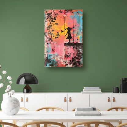 Meisje op schommel met vogels poster