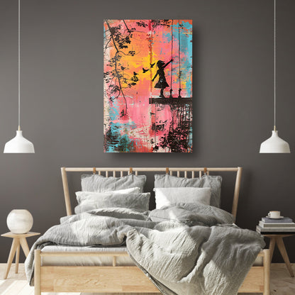 Meisje op schommel met vogels poster