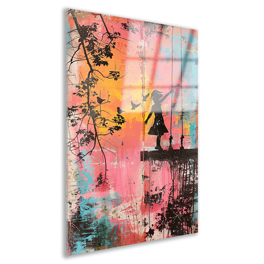 Meisje op schommel met vogels acrylglas
