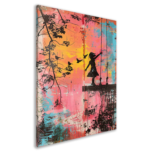 Canvas schilderij - Meisje op schommel met vogels