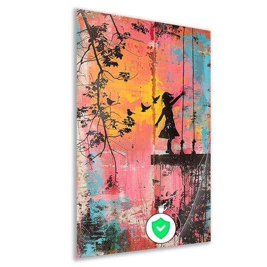 Meisje op schommel met vogels poster