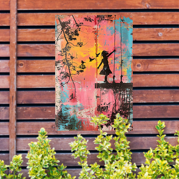Meisje op schommel met vogels tuinposter