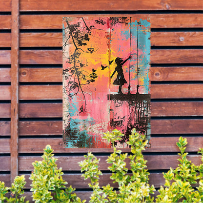 Meisje op schommel met vogels tuinposter