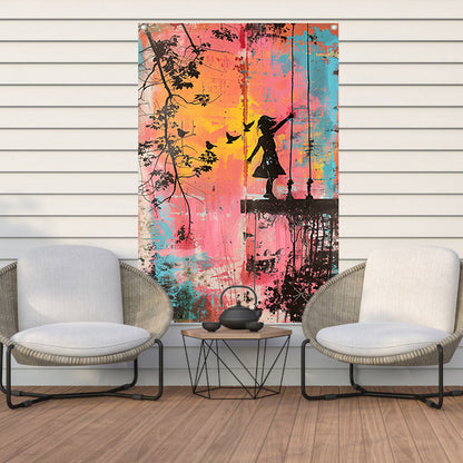 Meisje op schommel met vogels tuinposter