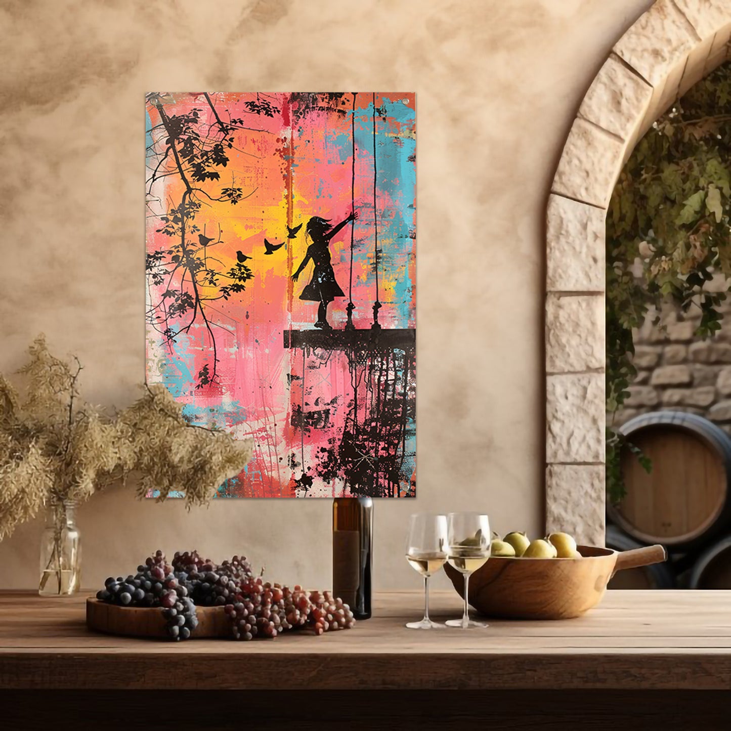 Meisje op schommel met vogels tuinposter