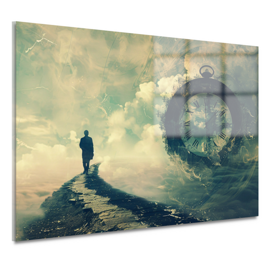 Wandelaar op een surrealistische tijdbrug acrylglas