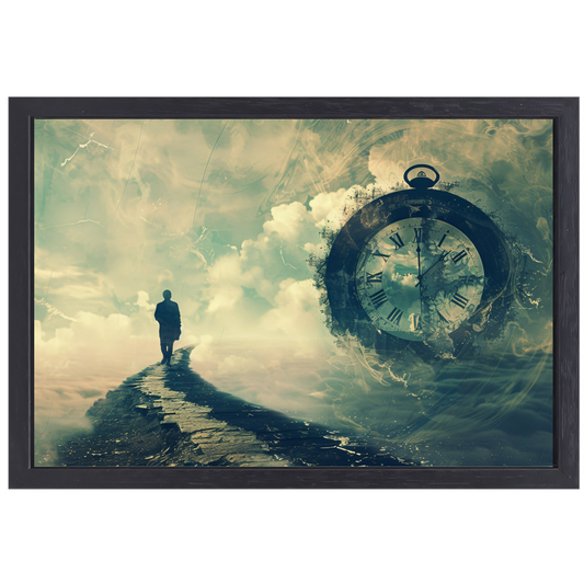 Wandelaar op een surrealistische tijdbrug canvas met baklijst