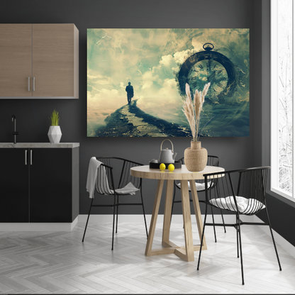 Wandelaar op een surrealistische tijdbrug poster
