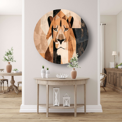 Abstracte Monochrome Leeuw in Geometrische Stijl aluminium muurcirkel