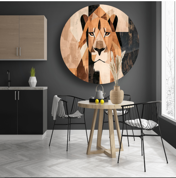 Abstracte Monochrome Leeuw in Geometrische Stijl aluminium muurcirkel