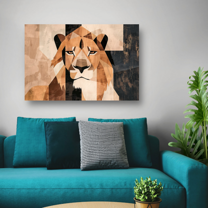 Abstracte Monochrome Leeuw in Geometrische Stijl canvas met baklijst