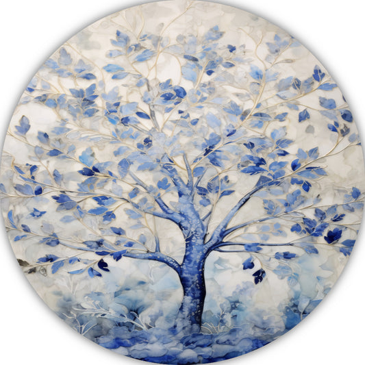 Minimalistische blauwe boom aluminium muurcirkel