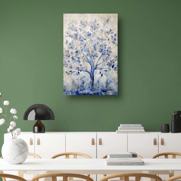 Minimalistische blauwe boom canvas met baklijst