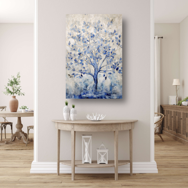 Minimalistische blauwe boom canvas met baklijst