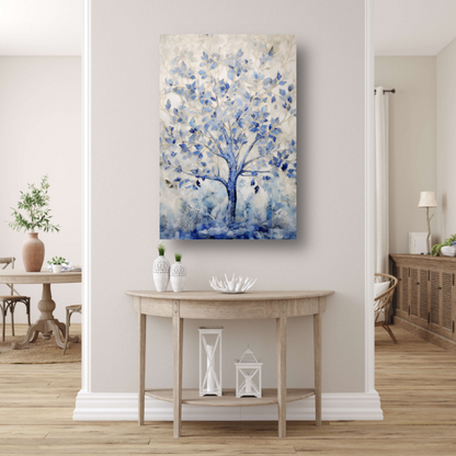 Minimalistische blauwe boom canvas met baklijst