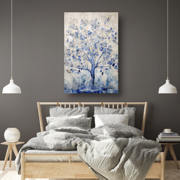 Minimalistische blauwe boom canvas met baklijst