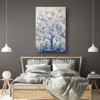 Minimalistische blauwe boom canvas met baklijst