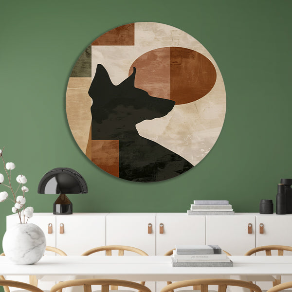 Abstracte hond in geometrische stijl met neutrale kleuren aluminium muurcirkel