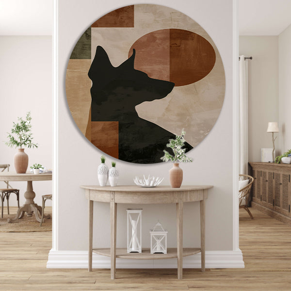 Abstracte hond in geometrische stijl met neutrale kleuren aluminium muurcirkel