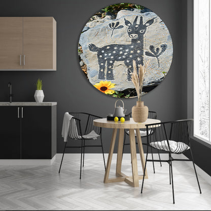 Minimalistisch Kunstwerk van Zwart-Wit Hert op Steen aluminium muurcirkel