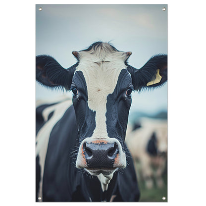 Zwart-wit portret van een nieuwsgierige koe tuinposter