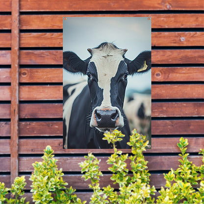 Zwart-wit portret van een nieuwsgierige koe tuinposter