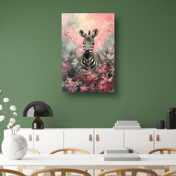 Zebra in kleurrijk bloemenveld schilderij poster