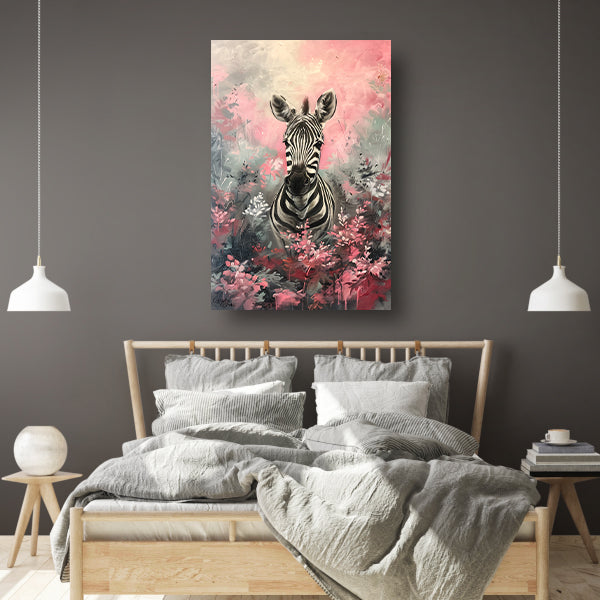 Zebra in kleurrijk bloemenveld schilderij poster