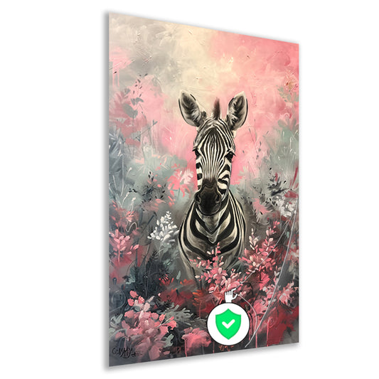 Zebra in kleurrijk bloemenveld schilderij poster