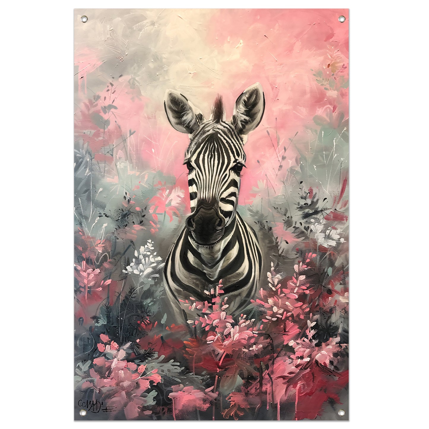 Zebra in kleurrijk bloemenveld schilderij tuinposter