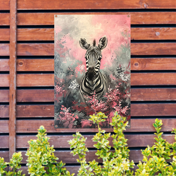 Zebra in kleurrijk bloemenveld schilderij tuinposter